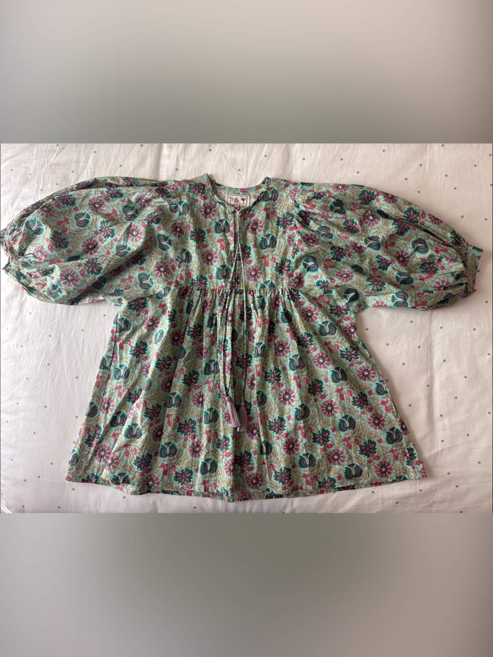 Mille Thalia Floral Puff-Sleeve Peasant Blouse in Mint Green